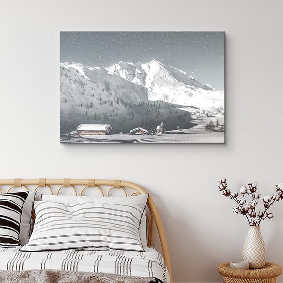 PixonSign Canvas Print Wall Art Vintage Style European Cottages in The Snow Nature Wilderness Photography Modern Art Contemporary Scenic Relax/Calm Grey Duotone for Living Room, Bedroom - 32"x48"