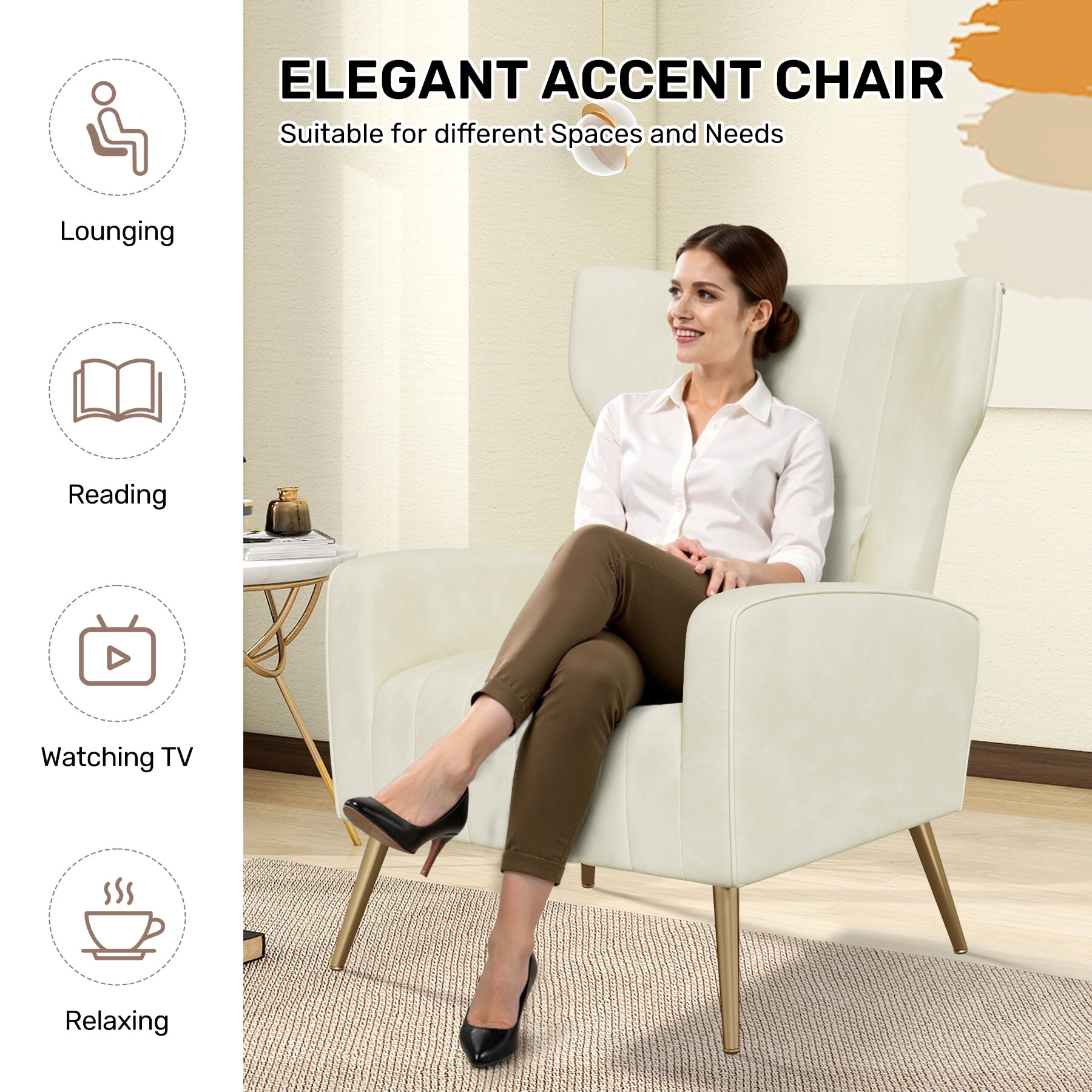 MOONMISS Velvet Accent Chair for Living Room, Modern Arm Chair with Pillow, Single Sofa Lounge Chair for Bedroom & Reading Room,Beige