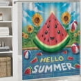 thumbnail image 6 of Chilfamy  Hello Summer Shower Curtain, Watermelon Calligraphy Fruit Food Summer Painting Effect Modern, Cloth Fabric Bathroom Decor Set with Hooks, Jade Green and Dark Coral White, 6 of 7