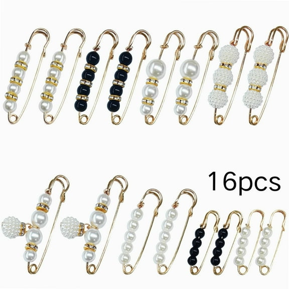 16 Counts Pearl Brooch Pins, No Sewing Sweater Shawl Safety Pins, Cardigan Collar Safety Pins for Women Faux Pearl Clothing Dresses Decoration Pant Tightener, Mixed Style