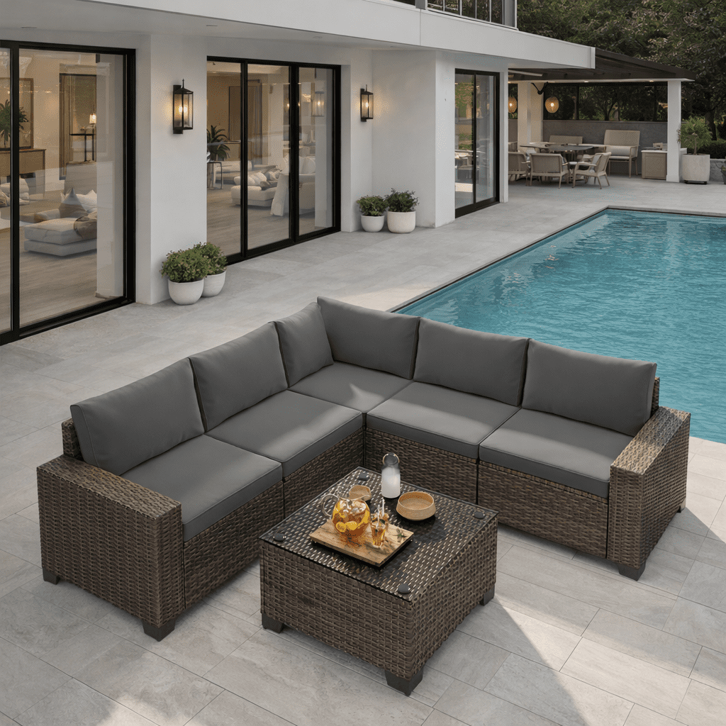 6-Piece Outdoor Patio Conversation Set, All-Weather Gray PE Wicker Sectional Sofa with Coffee Table & Thick Cushions