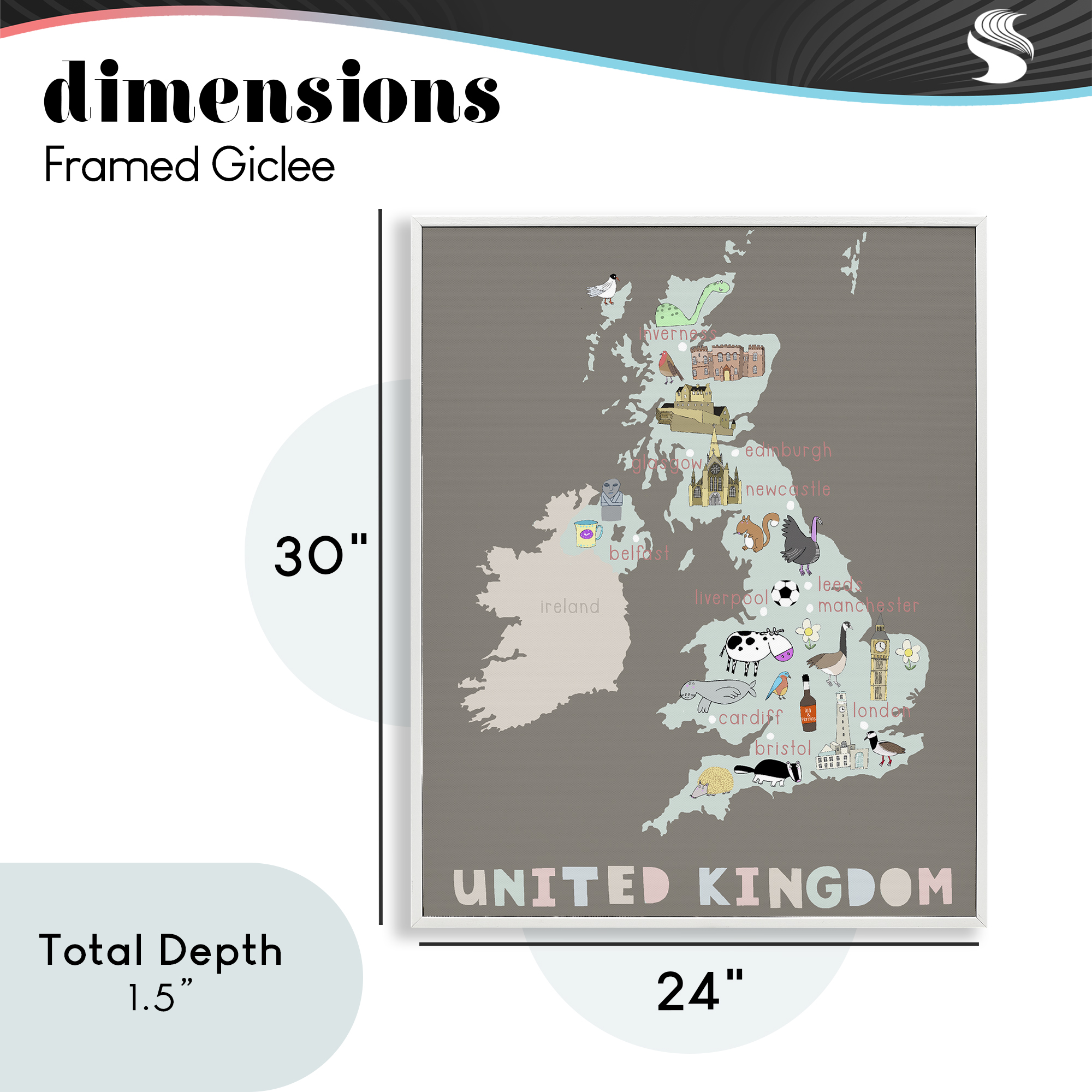 Kid's Map of United Kingdom White Framed Giclee Art, design by Carla Daly