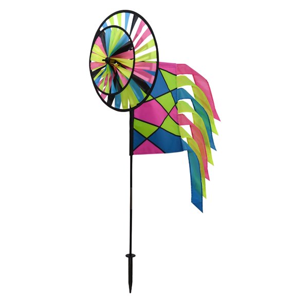 In the Breeze 2730 — Neon Colorblock Spinner Wheels with Garden Flag and Tails - Ground Stake Included - Colorful Décor for your Yard and Garden