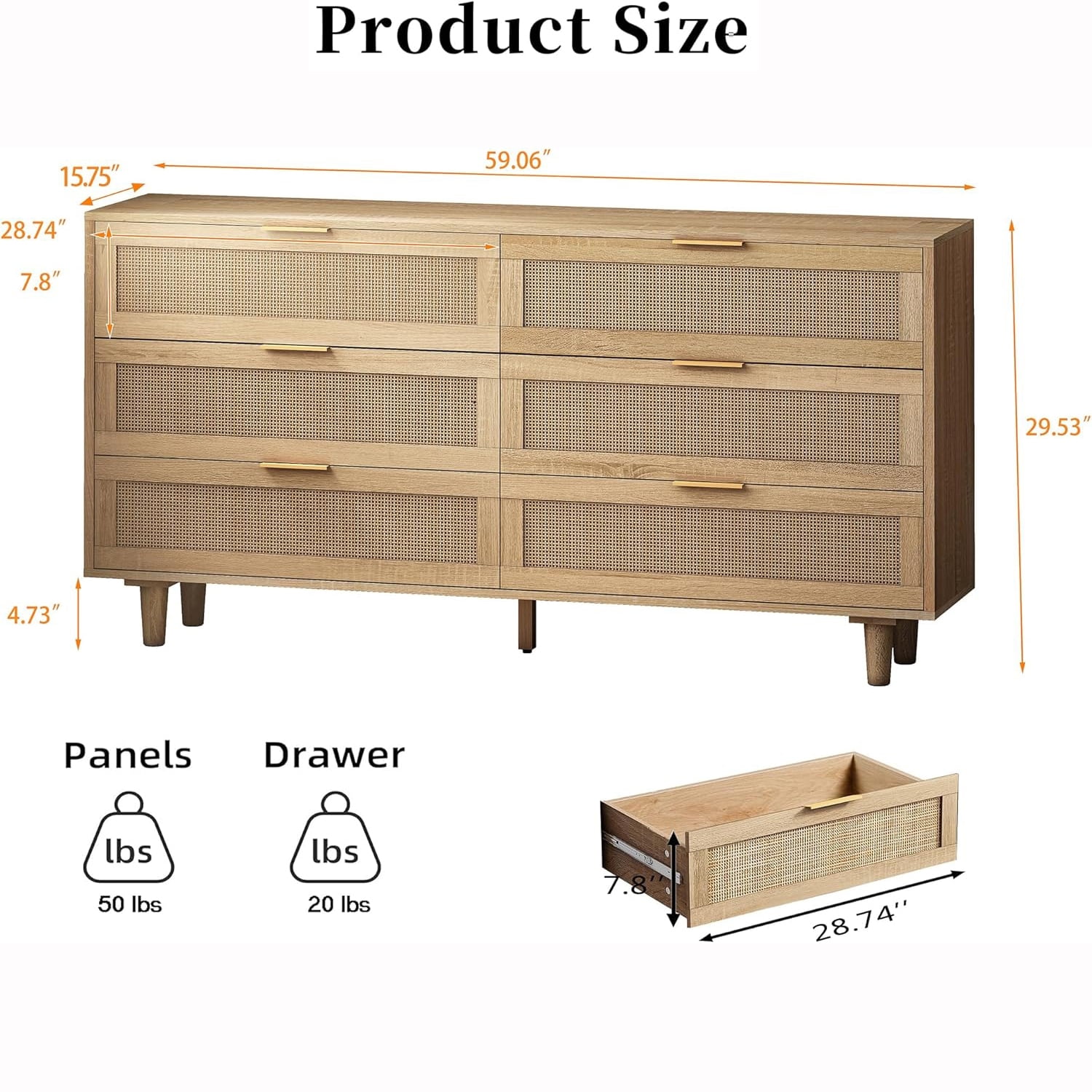 Rattan Dresser for Bedroom, Modern 6 Drawer Dresser, Wooden Storage Chest of Drawers for Living Room, Hallway (Natural)