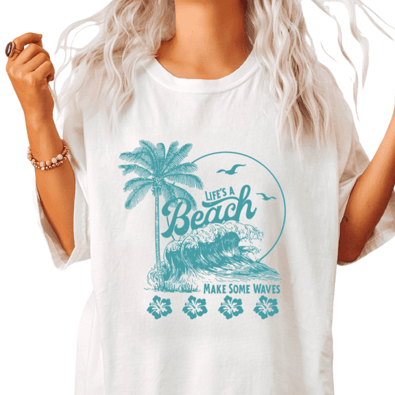 Life's A Beach Make Some Waves Palm Tree Wave Graphic Short Sleeve T-Shirt Crewneck White Tops