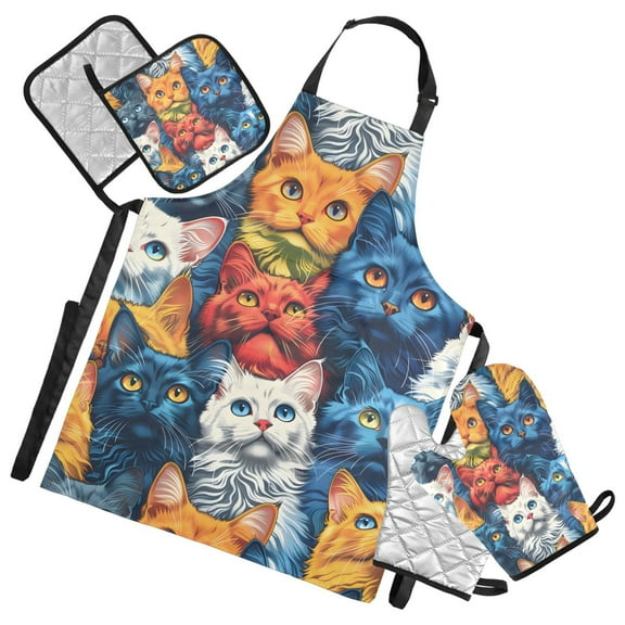 Vibrant Color Cute Cats 5 Pcs Kitchen Set Heat Resistant Oven Mitts and Non-Slip Pot Holders with Adjustable Cooking Apron