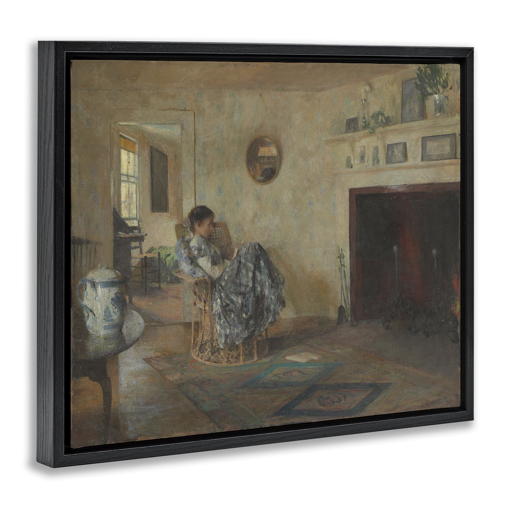 Stupell Industries Classical Rainy Day Girl People Painting Black Floater Framed Canvas Art Print Wall Art, 31 x 25
