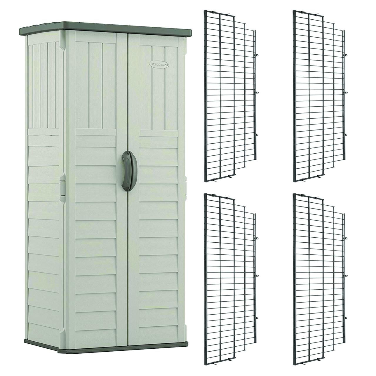 Suncast Vertical Storage Shed Bundled w/ Metal Wire Shelf Rack Shelving (4 Pack)