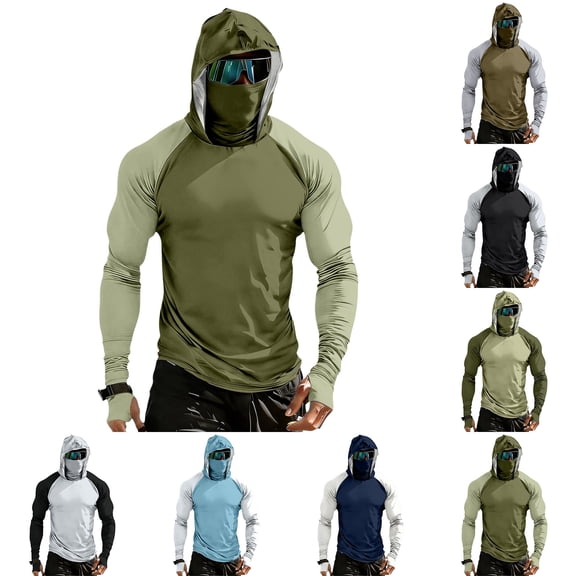 Trgacdwlo S-4XL Color Block Men's UPF 50 Sun Protection Hoodie Shirts Raglan Long Sleeve Thumb Hole Mens Rash Guards with Mask Men Fishing Shirt