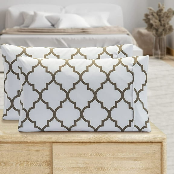 Mocassi Pattern Printed Pillowcases 2-Piece Set Egyptian Quality 1500 Thread Count Timeless Classic Designs Soft and Smooth Weave, Wrinkle Resistant, Quatrefoil King Pillowcase, White