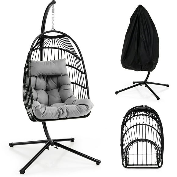 Gymax Swing Egg Chair Hanging Basket Chair w/Stand Waterproof Cover & Cushion Grey
