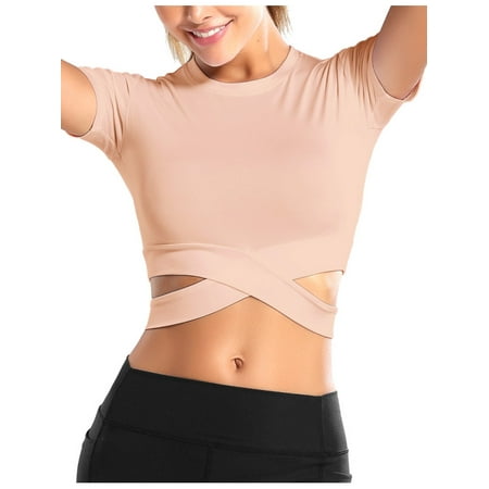 

TWZH Women Cross Bandage Workout Crop Tops Short Sleeve Fitness Yoga Wear