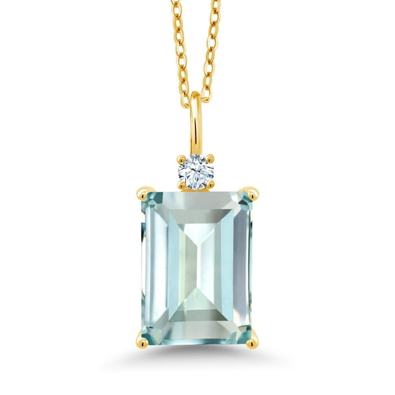 Gem Stone King 6.75 Cttw 18K Yellow Gold Plated Silver Sky Blue Simulated Aquamarine Pendant Necklace for Women | Emerald Cut 14X10MM and Round 3MM | With 18 inch Chain
