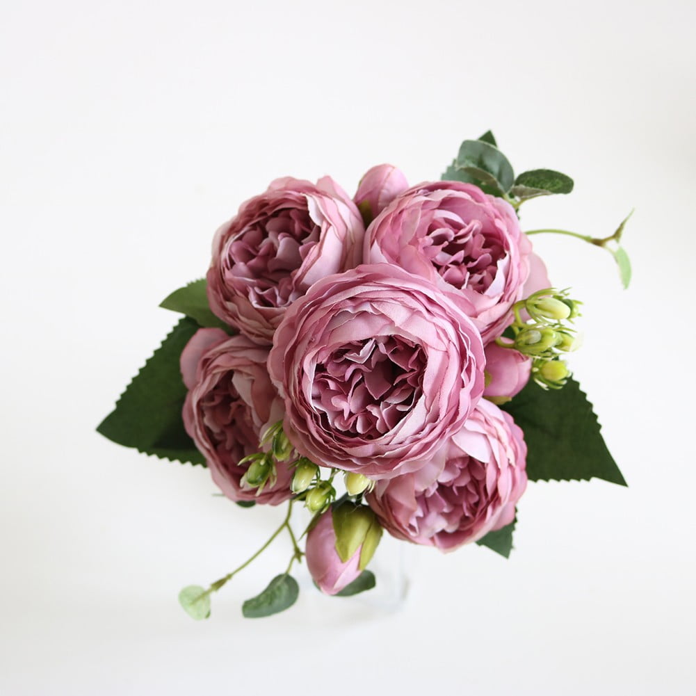9 Heads Artificial Flowers Silk Peony Bouquet Fake Rose Wedding Home Party Decor 