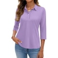 thumbnail image 2 of Qwertyu Polo Shirts Women Women's 3/4 Sleeve Shirts Collared V Neck Half Sleeve Work Shirt Light Purple S, 2 of 5