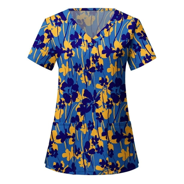 ICHUANYI Clearance Women Short Sleeve V-neck Tops Uniform Printed Pockets Blouse Tops(Blue, M) ICHUANYI WER2023080803710