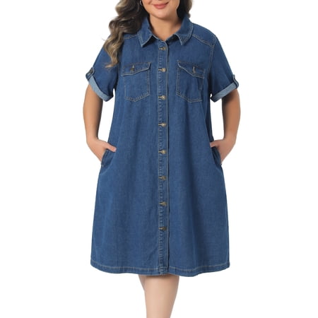 DARING DIVA Women's Plus Denim Button Down Short Sleeve Dress 4X Blue