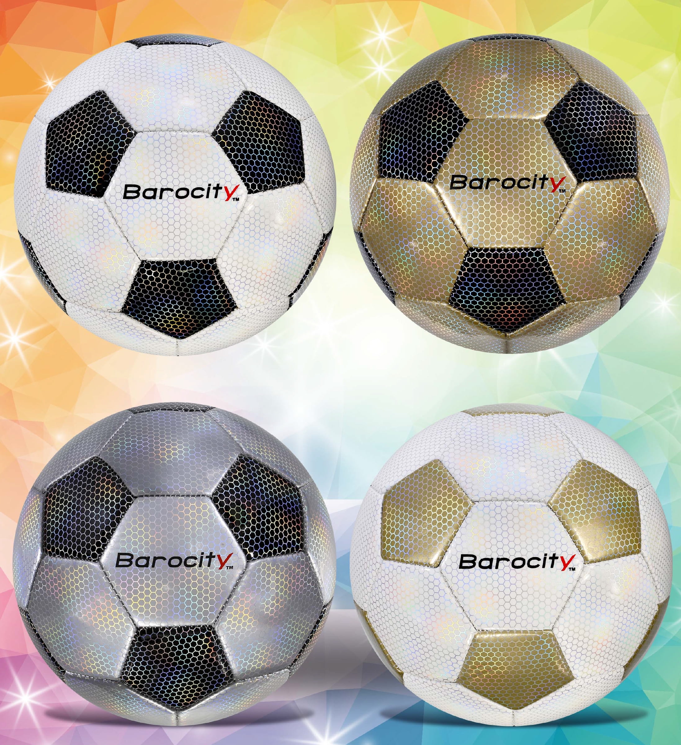 Barocity Iridescent Soccer Balls Set of 4 – Classic Black, Gold, Silver, White Official Match Ball with Reflective Hex Pattern, Sport Soccer Balls for Indoor, Outdoor Training and Practice - Size 3