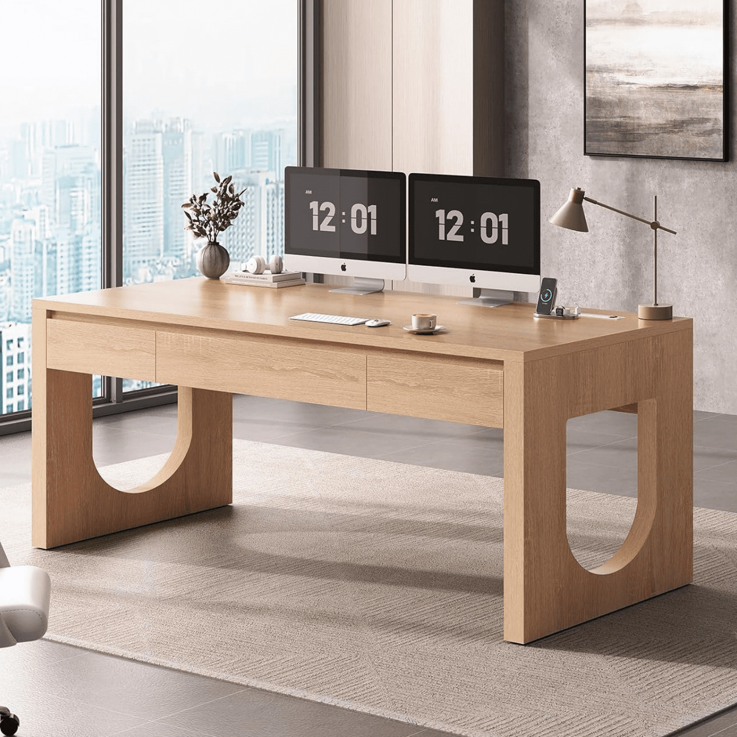 SEDETA Modern Office Desk with 3 Drawers, 55" Executive Desk with U-Shaped Legs, Wood Computer Desk with Power Outlet, Home Office Desks with Relief Texture, Natrual