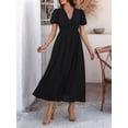 thumbnail image 2 of Women Summer Casual Midi Dress Puff Sleeve V Neck Ruched Button Front Split Boho Beach Vacation Wedding Dresses 2025 Black S, 2 of 8