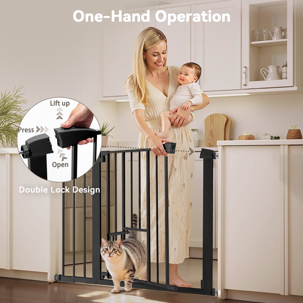Pet Safety Gate, 29.5''-40.5''Wide Pet Safety Gate with Cat Door, Black