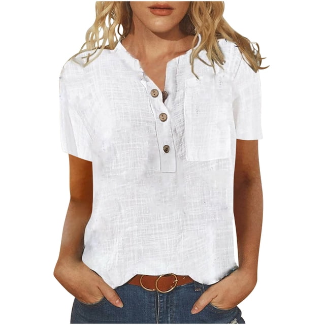 Cameland T-Shirt Décontracté d'Été pour Femmes à Manches Courtes Col Rond Boutonné Chandail-Over Blouse Tops