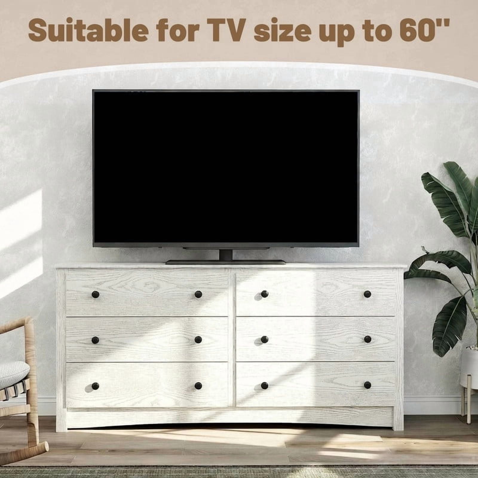 Kelno Wood 6 Drawer Dresser Chest of Drawers TV Stand with Organizer Cabinet, White