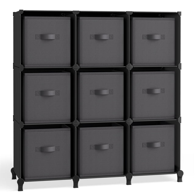 Songmics Cube Storage Organizer With Storage Boxes, Set Of 9-Cube Organizer, 9 Collapsible Non-Woven Fabric Bins, Customizable, Space-Saving, Bedroom, Ink Black And Dove Gray Ulpc092B01