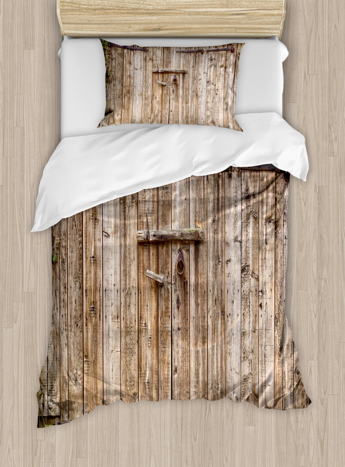 Rustic Duvet Cover Set, Old Oak Closed Garage Door with Steel Hinges Vintage Typical Cottage
