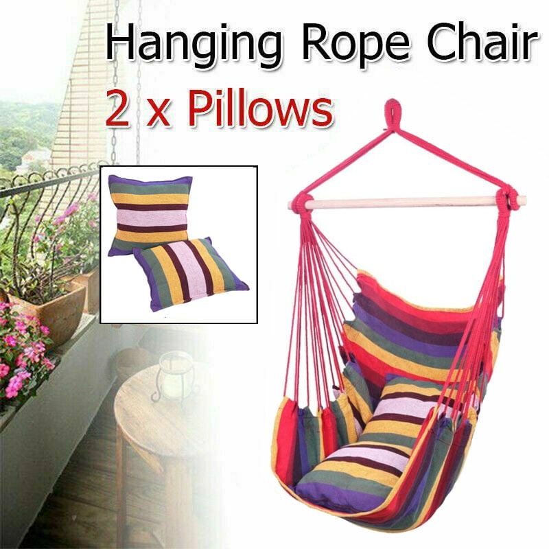 Hammock Hanging Rope Chair Porch Swing Seat Patio Camping Portable w/ 2 Pillows 