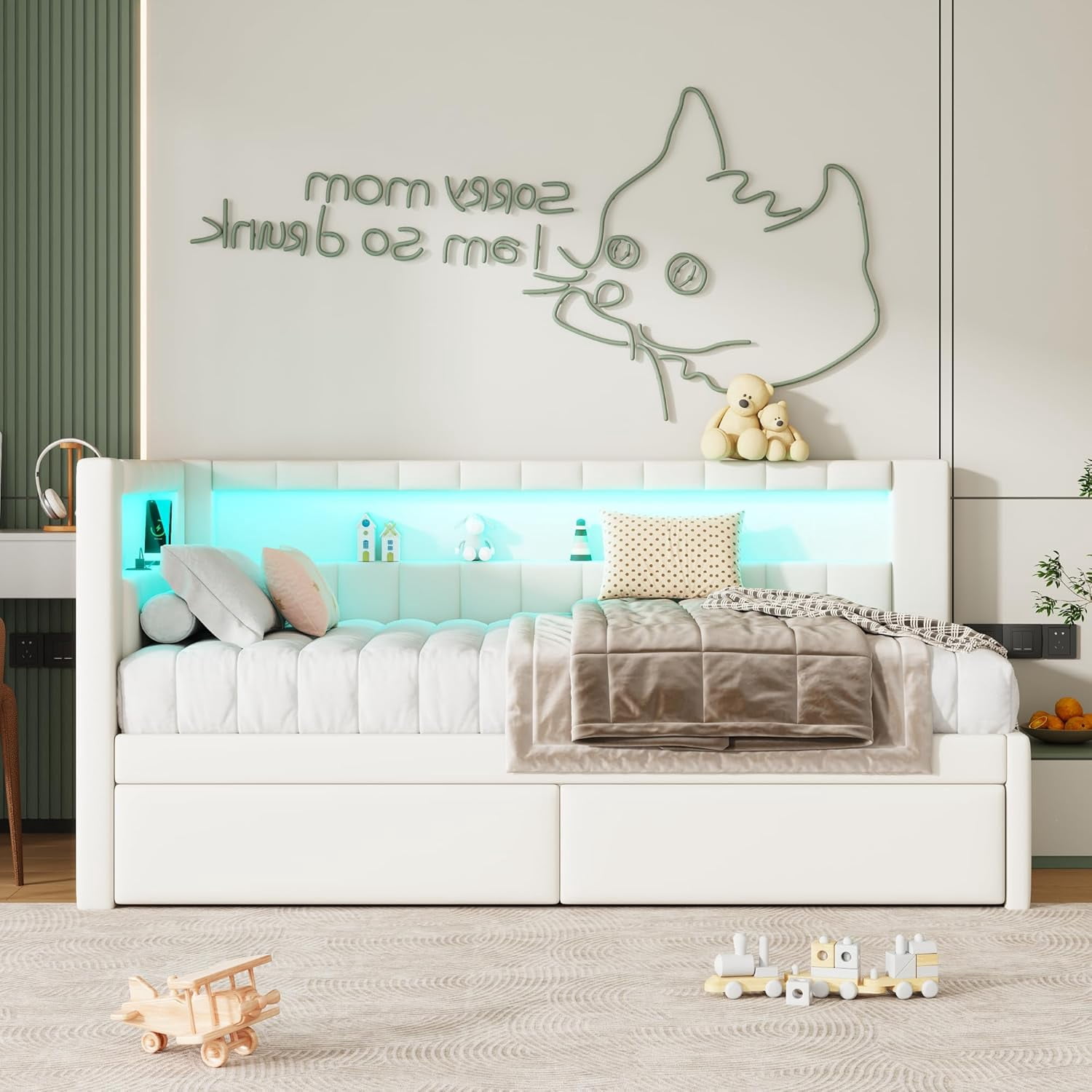 AISWORD Twin Size Daybed with Storage Drawers and L-Shaped Bookshelf Headboard, Upholstered Soft Corner Bed with Shelves, Charging Station and LED Belt, White
