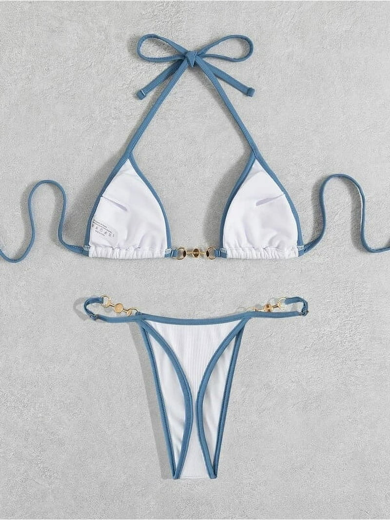 VOLAFA Women's Triangle Bikini Set - Halter Beaded Cheeky Two Piece Swimsuit | Textured Tie Side