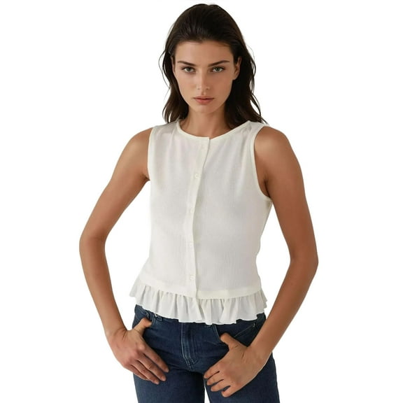 Textured Crew Neck Blouse with Ruffle Detail