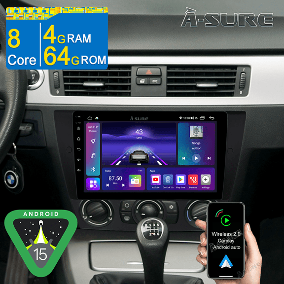 8-Core Android 15 CarPlay Radio 4 64GB Car Stereo for BMW 3 Series E90 2005-2011 with Backup Camera/GPS Navi/Wi-Fi/BT 5.0/DSP/1280HD