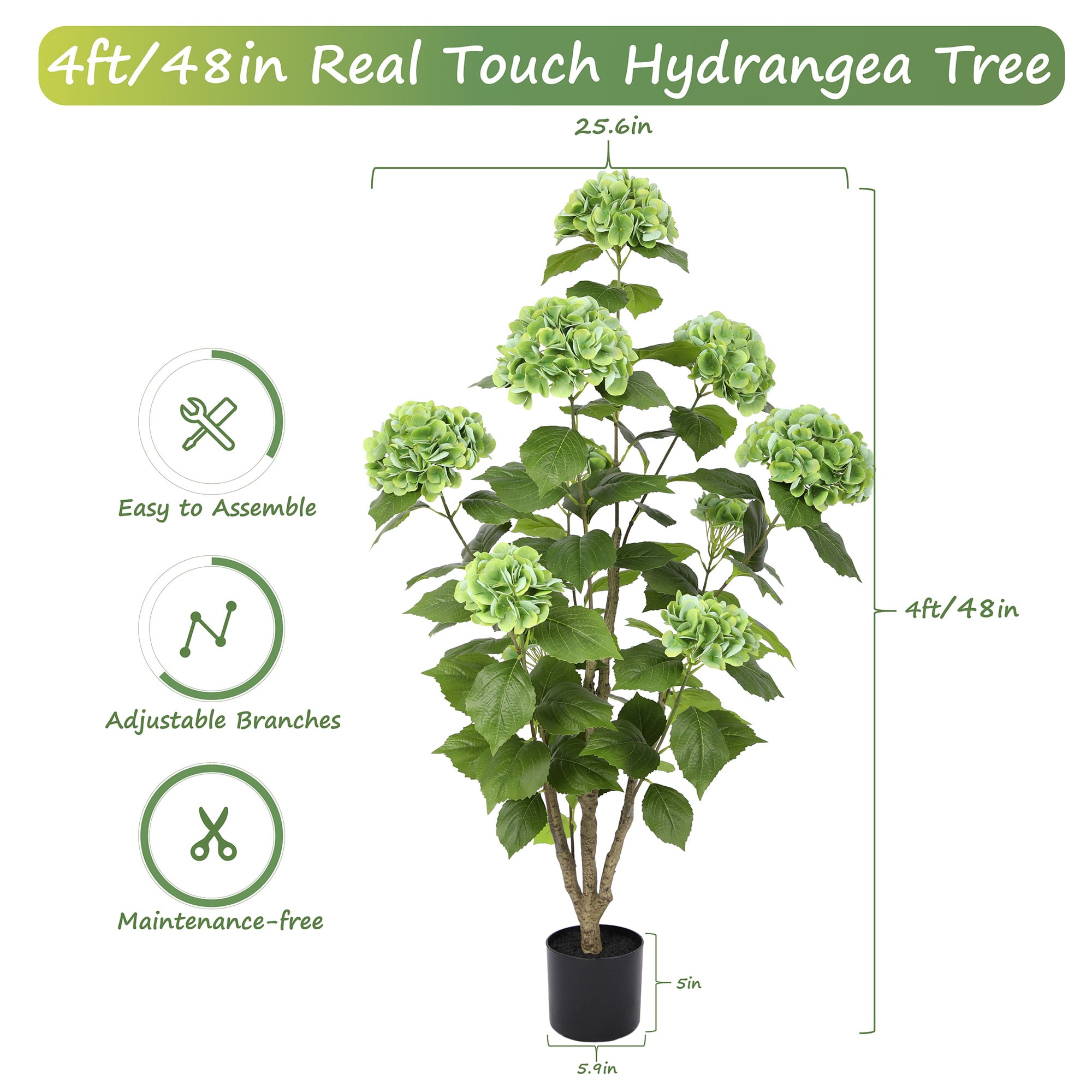 RosyHaven 4ft Real Touch Faux Hydrangea Tree Outdoor with Realistic & Waterproof Premium Latex Flowers,2Pack 48"Artificial Hydrangea Tree,Fake Outdoor Plants for Porch Patio Garden Room Decor,Green