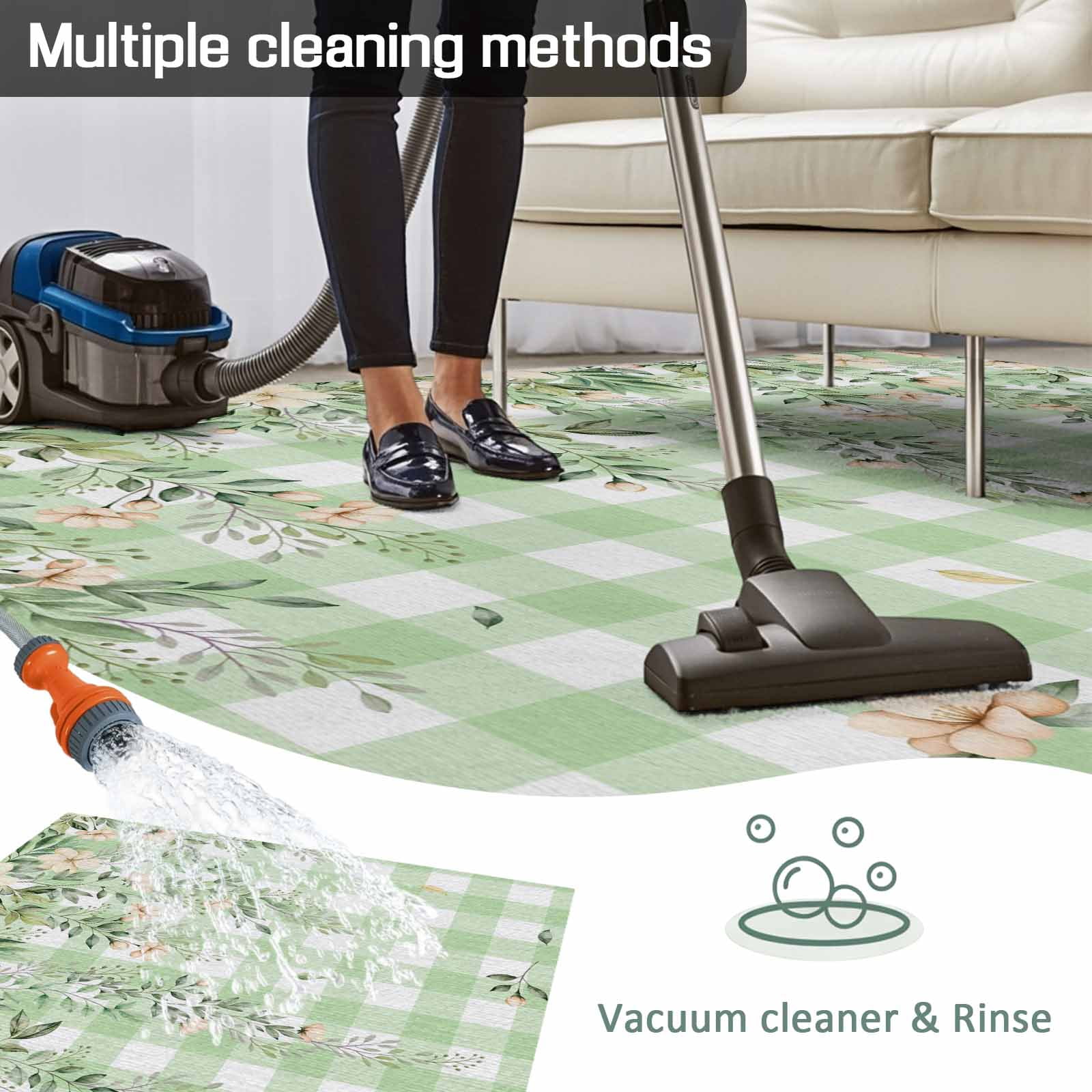 Watercolor Floral Outdoor Rug for Patio/Deck/Porch, Non-Slip Large Area Rug 5 x 7 Ft, Spring Flowers Leaves Botanical Green Plaid Indoor Outdoor Rugs Washable Area Rugs, Camping Rug Carpet Runner