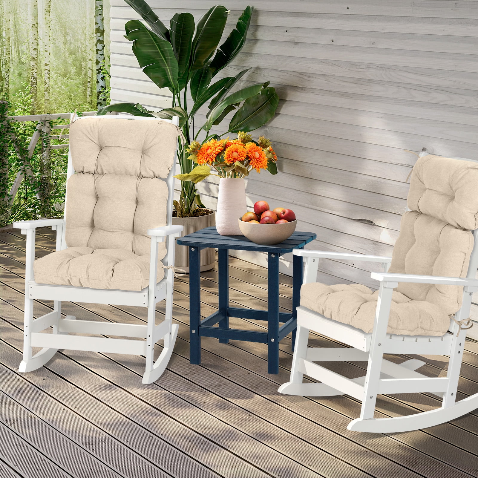 Aoodor Outdoor 45"x 22" x5" Tufted High Back Cushions Patio Replacement Chair Cushion with Ties, Water and Fade Resistant for All Weather (Khaki, Set of 2）