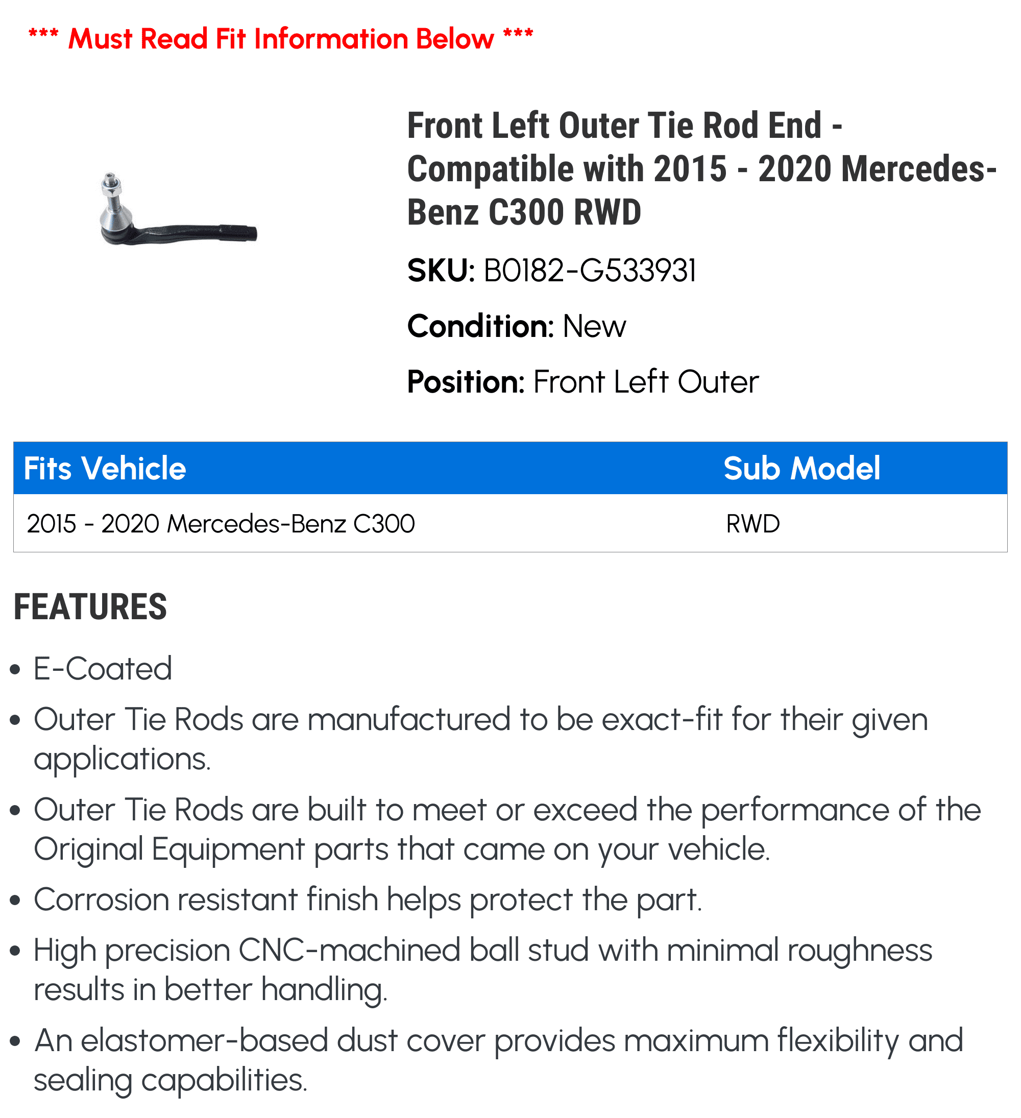 Front Left Outer Tie Rod End - Compatible with 2015 - 2020 Mercedes-Benz C300 RWD 2016 2017 2018 2019