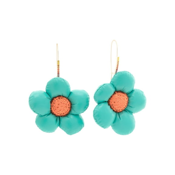 Betsey Johnson Teal Puffer Flower Drop Earrings, Crystal Accents, Gold Tone, Lever Back Closure
