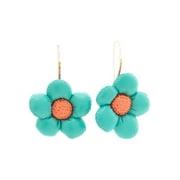 Betsey Johnson Teal Puffer Flower Drop Earrings, Crystal Accents, Gold Tone, Lever Back Closure