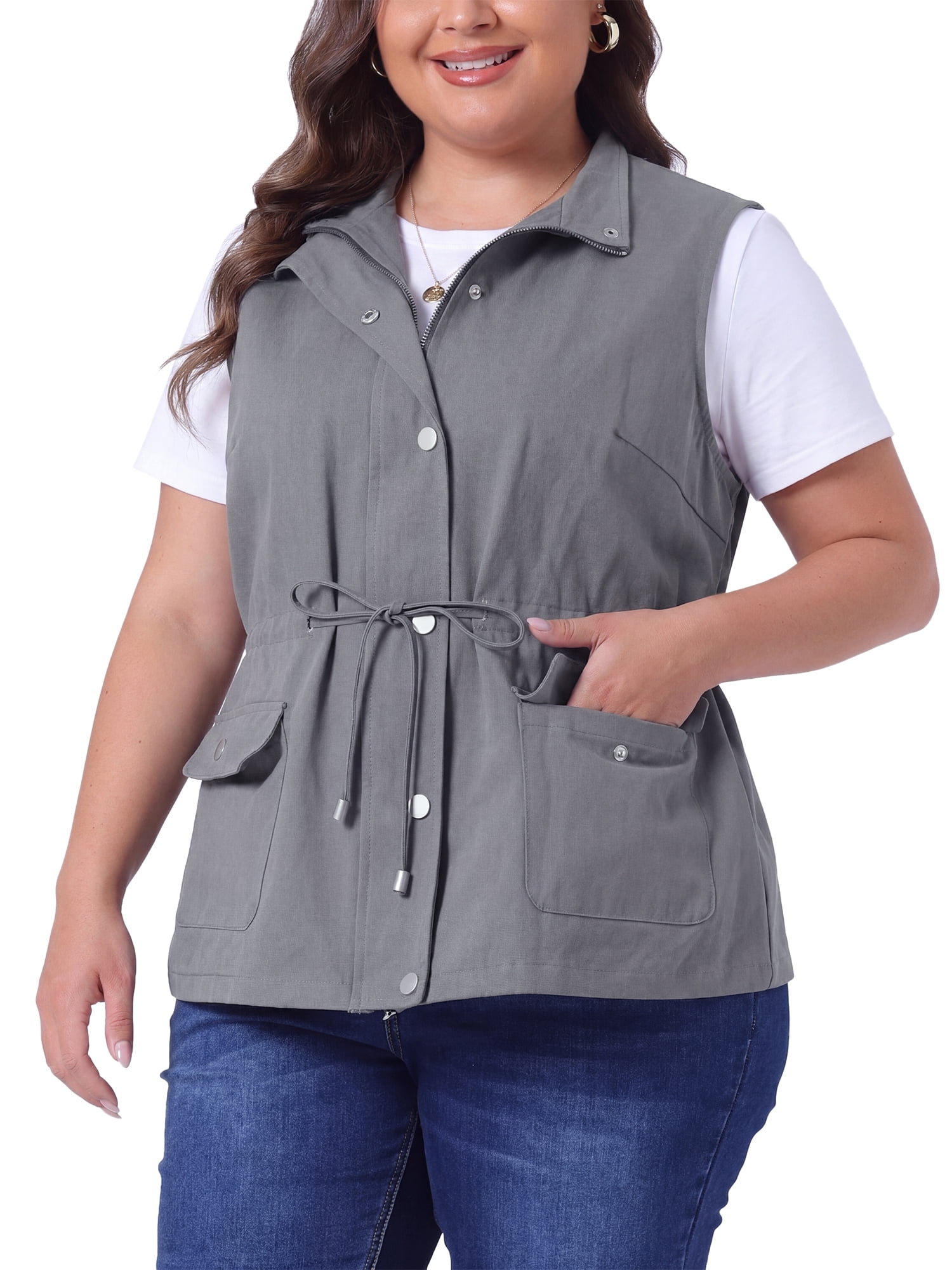 DARING DIVA Women's Plus Size Lightweight Sleeveless Anorak Cargo Vest 4X Gray Blue