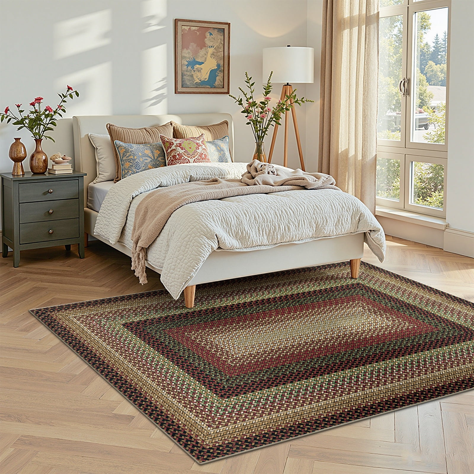 5' x 8' Braided Jute Print Area Rug Washable Non-Slip Pet Friendly Carpet with Concentric Design, Stain Resistant for Living Room, Bedroom & Home Office