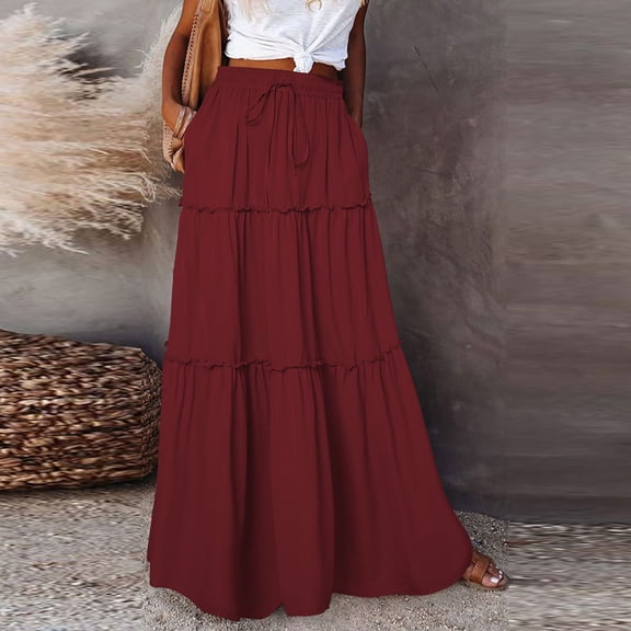 Women's Maxi Skirts Summer Boho Floral High Waisted Flowy Swing Pleated Beach Long Skirt with Pockets Red XL