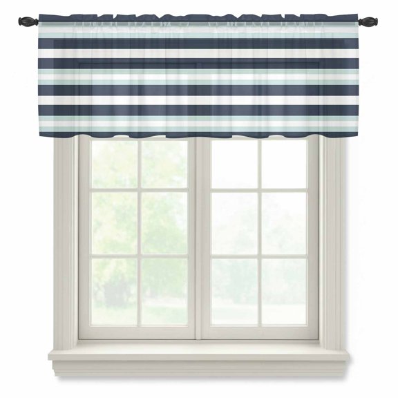 Aqua Navy Blue Striped Sheer Curtains Valances for Windows Modern Abstract Lines Geometric Chiffon Kitchen Valances for Cafe, Voile Window Treatments Curtains for Living Room Bedroom, 54"x18"