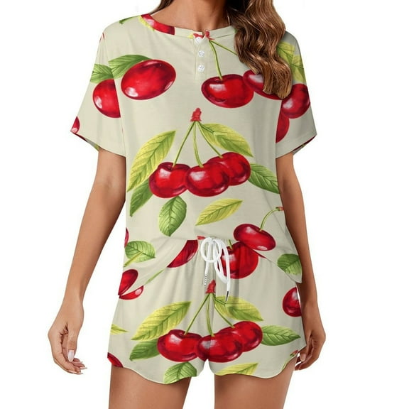 Women Pajamas Set Short Sleeve Red Cherry Pattern Sleepwear Loungewear for Summer Nightwear