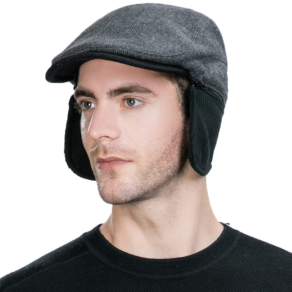 Men’s Black Wool Herringbone Ivy Cap Classic Cabbie Hat w/Ear Flaps 