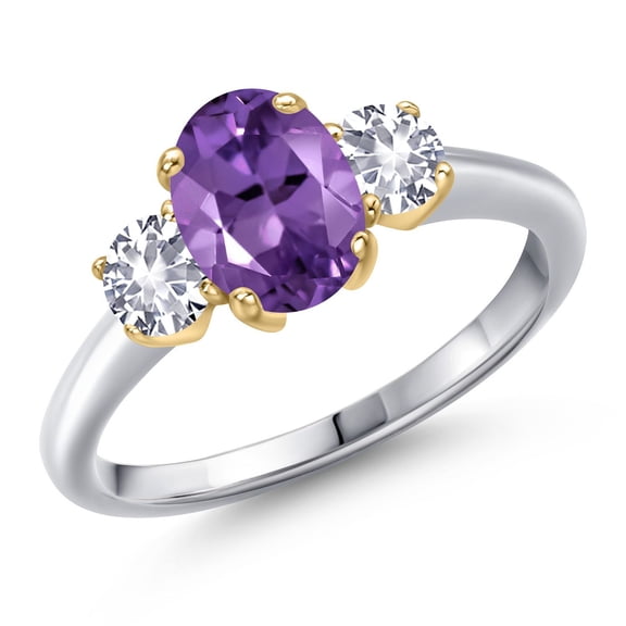 Gem Stone King 10K Two Tone Gold Purple Amethyst and White Created Sapphire Engagement Ring for Women | 1.65 Cttw | Oval 8X6MM | Gemstone February Birthstone | Size 9