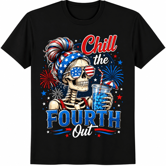 Chill The Fourth Out Skeleton Patriotic T-Shirt Funny 4th of July Graphic Tee for Men Women USA Independence Day Skull Sunglasses Fireworks American Flag Party Casual Short Sleeve Gift Top