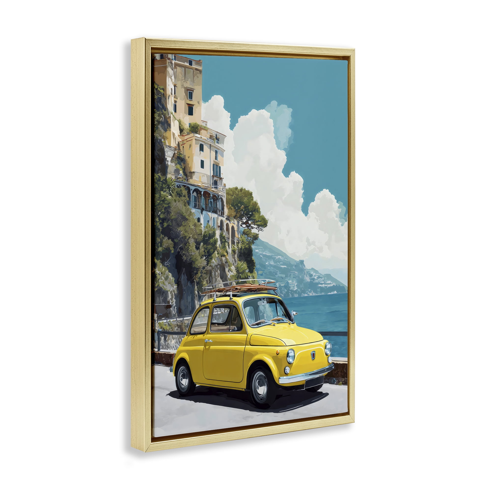 Stupell Industries Yellow Car on Coast Gold Framed Floater Canvas Wall Art, design by Petal Prints Design