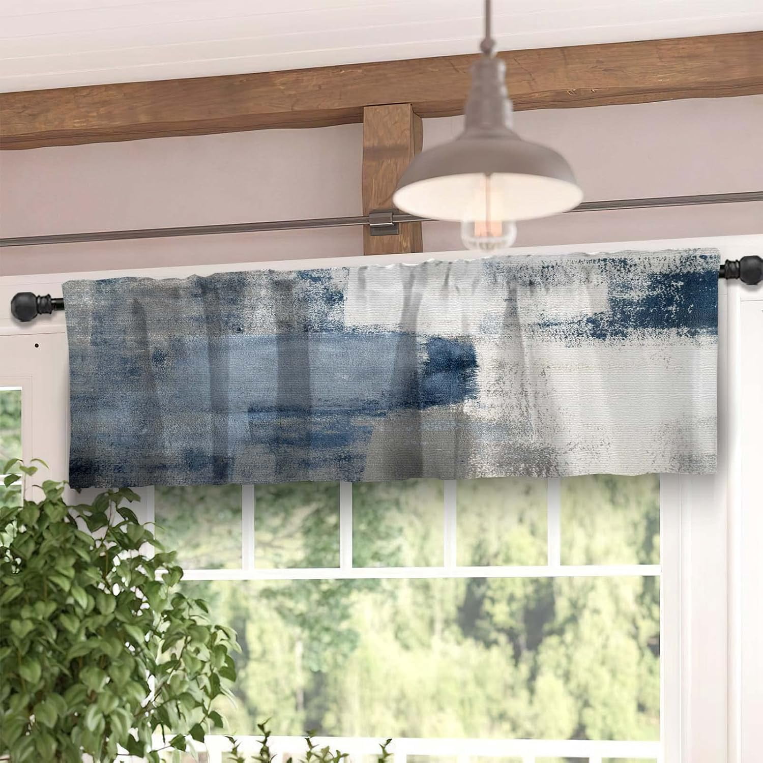 Blue Blackout Kitchen Curtains Tiers and Valances Set 3 Piece for Windows White and Grey Kitchen Window Curtains Set,Modern Abstract Art Valances for Living Room(36" Tiers Set)